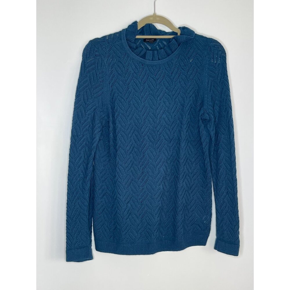 Talbot's Wool Blend Texture Stitch Ruffle Neck Pullover Teal Blue Sweater Size M
